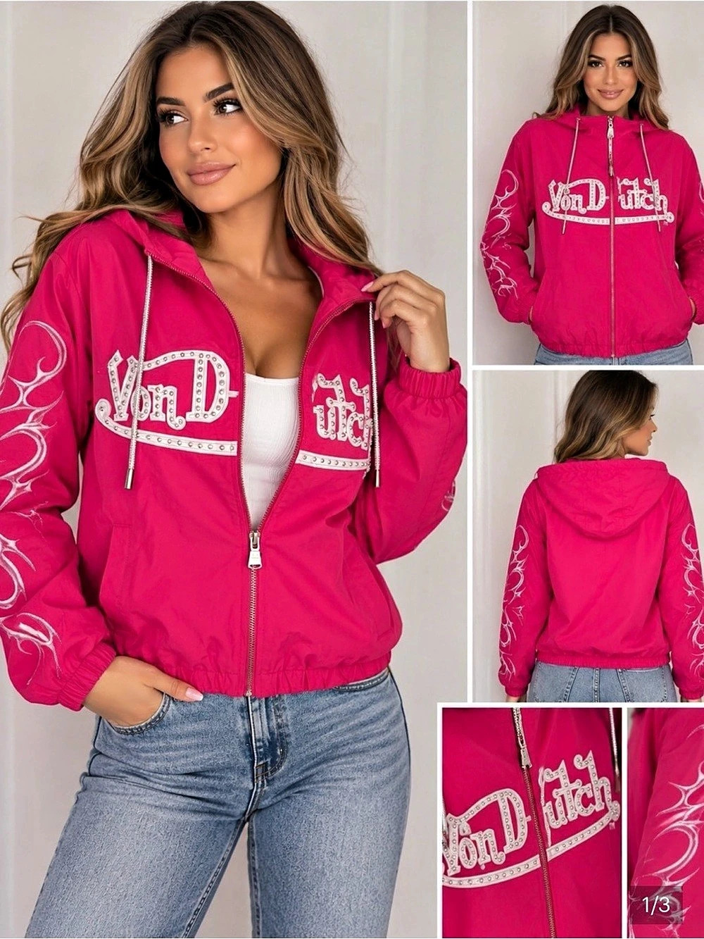 Von Dutch Crystal Heart/Rhinestone Windbreaker Jacket Pink Windbreaker Jacket